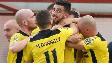 Joe Gormley celebrates after scoring for Cliftonville