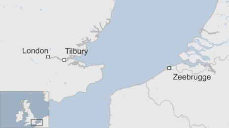 Map with Tilbury and Zeebrugge