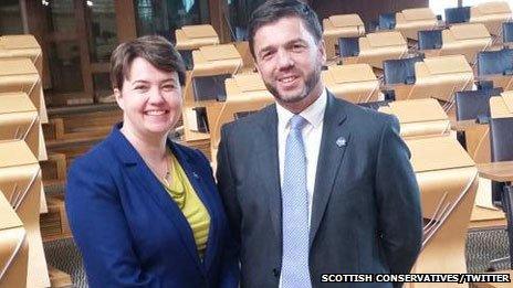 Ruth Davidson MSP, Scottish Conservative leader, welcomes Stephen Crabb to Holyrood