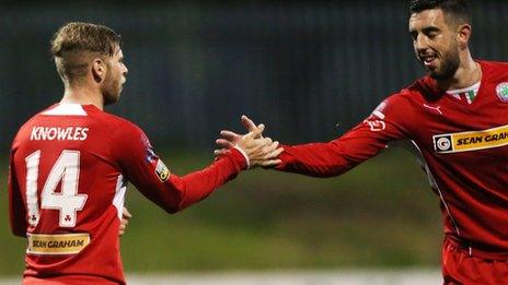 James Knowles celebrates scoring a goal with Joe Gormley