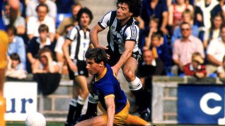 Nigel Pearson tackles Kevin Keegan in a Shrewsbury-Newcastle Division Two fixture, September 1982