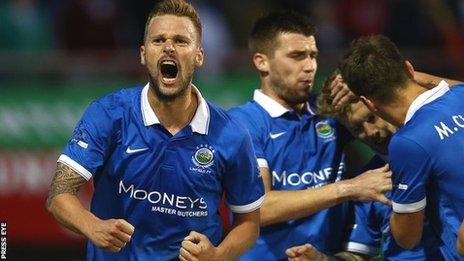 Peter Thompson celebrates scoring against Glentoran