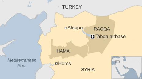 Map showing location of Tabqa airbase in Syria