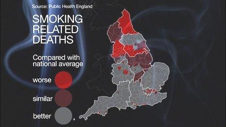 Graphic showing relative smoking death rates across England and Wales