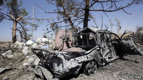 Wreckage of a car belonging to IS militants at Mosul Dam, Iraq