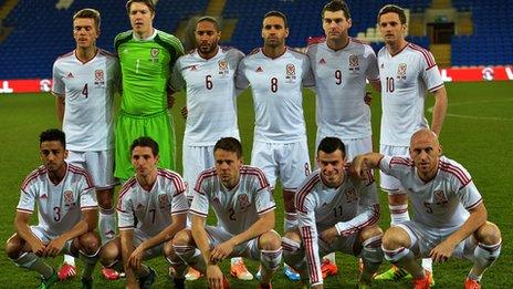 The Wales squad line up for a team photograph ahead of a friendly against Iceland