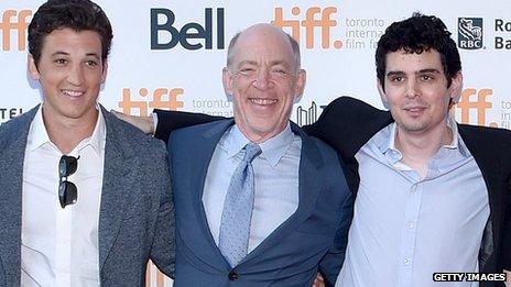 Miles Teller, J.K. Simmons and writer/ director Damien Chazelle