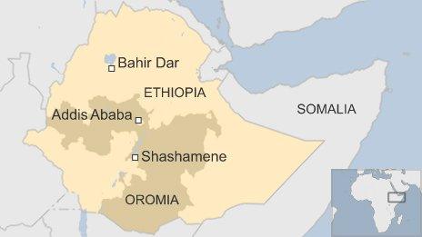 Map of Ethiopia showing location of Shashamene