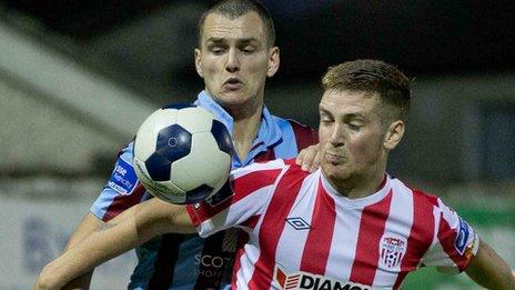 Mick Daly of Drogheda United in action against Derry City's Patrick McEleney