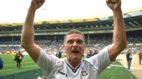 Paul Gascoigne celebrates during the 1991 FA Cup semi-final