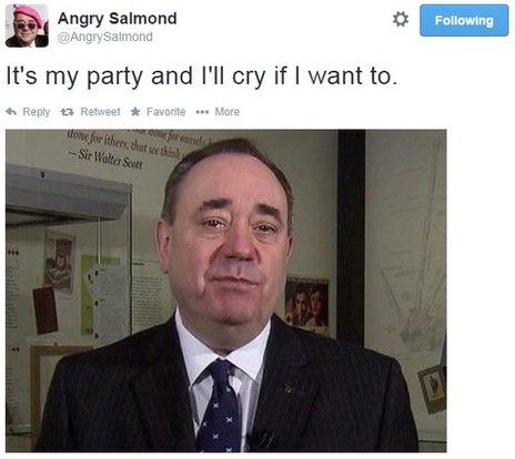 A tweet reading "it's my party and I'll cry if I want to" showing a picture of Alex Salmond in tears