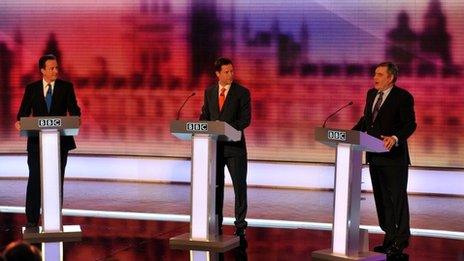 David Cameron, Nick Clegg and Gordon Brown in 2010