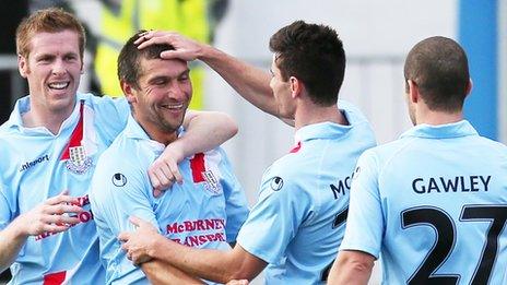 Matthew Tipton celebrates scoring at the Showgrounds