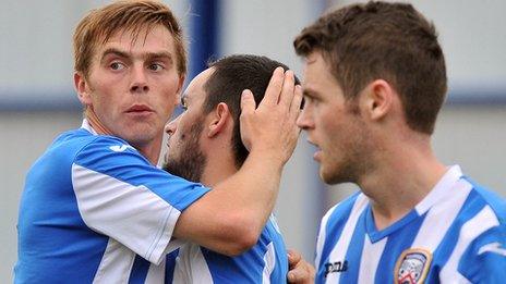 Neil McCafferty is congratulated after scoring for Coleraine