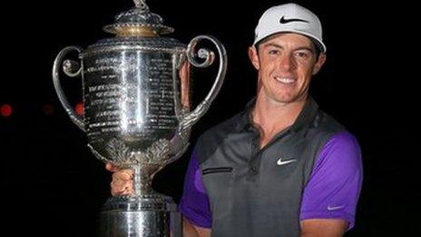 Rory McIlroy with the Wanamaker Trophy after his USPGA victory