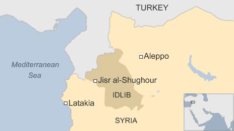 Map showing Jisr al-Shughour in Syria