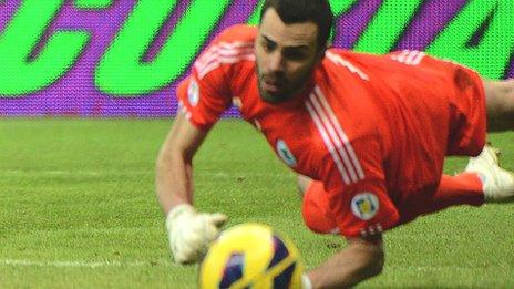 San Marino goalkeeper Aldo Simoncini watches another goal go past him in a 5-0 World Cup qualifying defeat by Poland last year