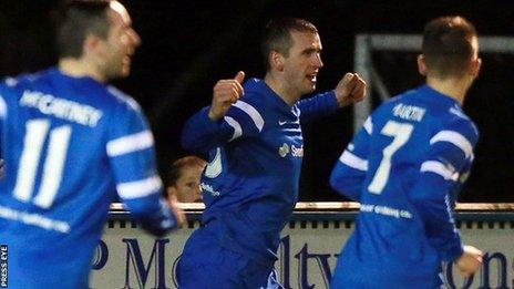 Ryan Campbell celebrates scoring against Coleraine at Ferney Park