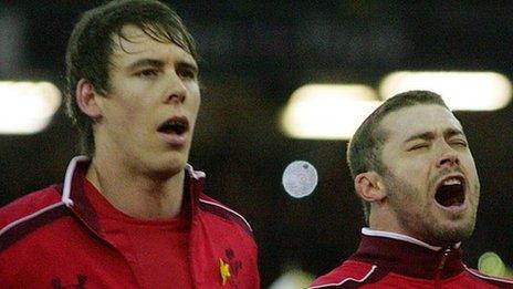 Liam Williams and Leigh Halfpenny singing the Welsh national anthem before an international