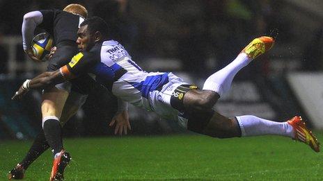 Semesa Rokoduguni flies through the air to tackle Newcastle's Tom Catterick