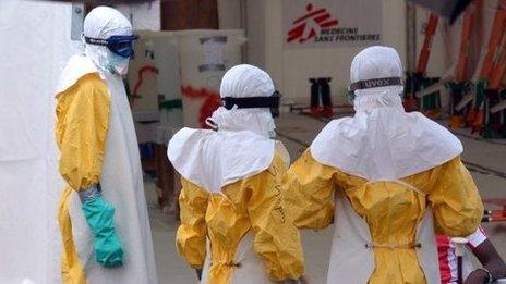 Health workers at an Ebola treatment centre run by Medecins Sans Frontieres in Monrovia, Liberia, on October 27, 2014