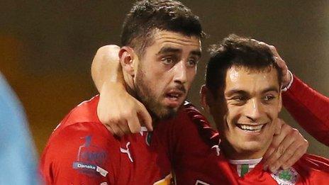 Cliftonville's Joe Gormley celebrates with David McDaid