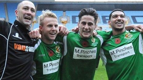 Worcester players celebrate win over Coventry City