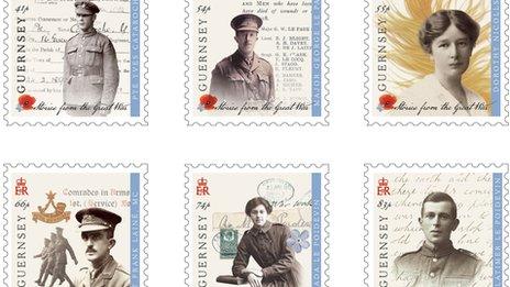 Stamps issued by Guernsey Post to commemorate WW1