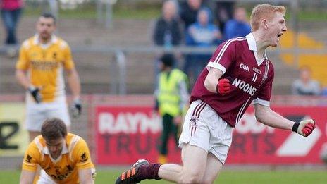 Christopher Bradley runs away in delight after scoring Slaughtneil's goal against Clontibret