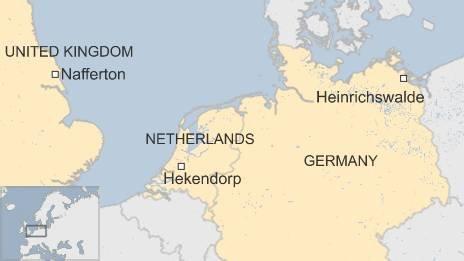 Map showing the three outbreak spots in the Netherlands, UK and Germany