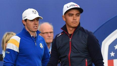 Rory McIlroy and Rickie Fowler prepare for their singles match at the Ryder Cup in September