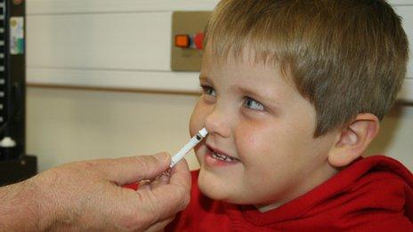 Four-year-old Iestyn Sion Roberts from Tregarth near Bangor having his flu vaccination