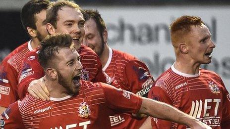 Mark McAllister celebrates after scoring for Portadown against Glentoran