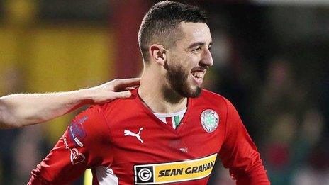 Joe Gormley celebrates after scoring against Ballymena