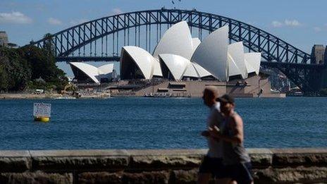 Joggers on harbour