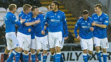 St Johnstone's Michael O'Halloran (2nd left) is congratulated on his goal which later won the game for his side.