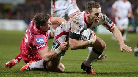 Darren Cave crosses the line for Ulster