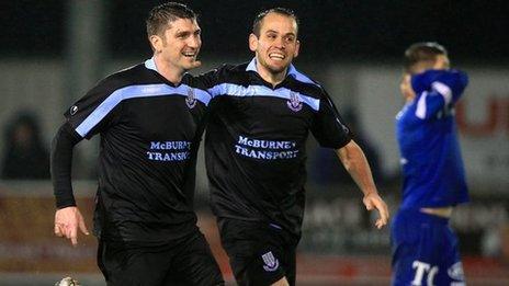 Davy Munster is congratulated by Tony Kane after scoring the winning goal at Ferney Park