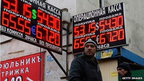 Man in front of currency signs