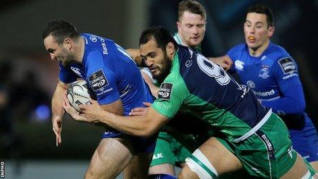 Leinster wing dave Kearney is tackled by Connacht's George Naoupu