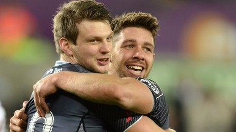 Dan Biggar and Rhys Webb celebrate
