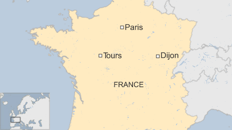 Map of France showing the capital, Paris, and the cities of Dijon and Tours - 22 December 2014