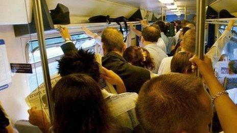 Commuters on a packed Thameslink train