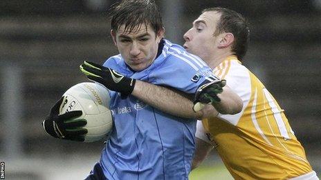 Dwayne Quinn in action for UUJ against Antrim in the 2013 McKenna Cup