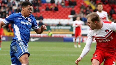 Tom Adeyemi of Cardiff City on the attack against Charlton