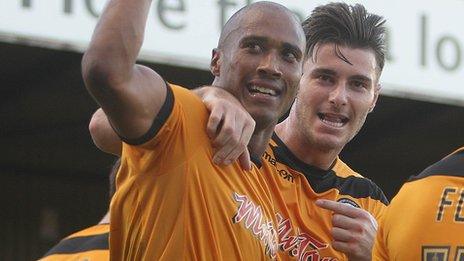 Chris Zebroski of Newport County celebrates scoring a goal