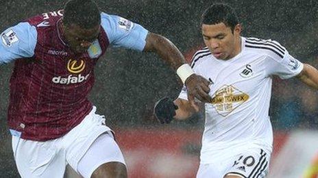 Swansea City's Jefferson Montero on the attack against Aston Villa