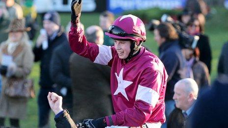 Bryan Cooper celebrates winning the Lexus Chase on board Road To Riches