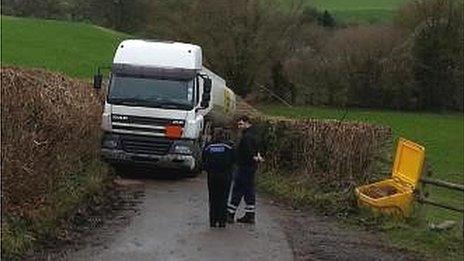 Tanker stuck on Tutton Hill, Colerne, Wiltshire