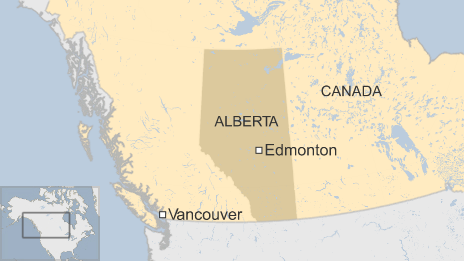 Map of Canada showing the city of Edmonton in Alberta - 30 December 2014